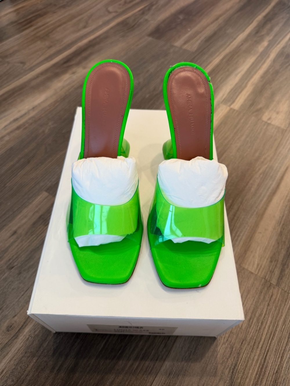 Amina Muaddi Neon Green Patent Slide Mules